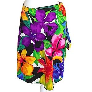 Vintage Carol Wior Black & Vibrant Floral Colors Swim Sarong Wrap Skirt One Size